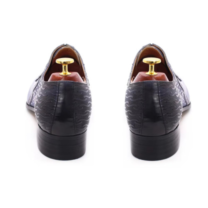 Men's Genuine Leather Blue-Black Pointed-Toe Printed Oxford Shoes