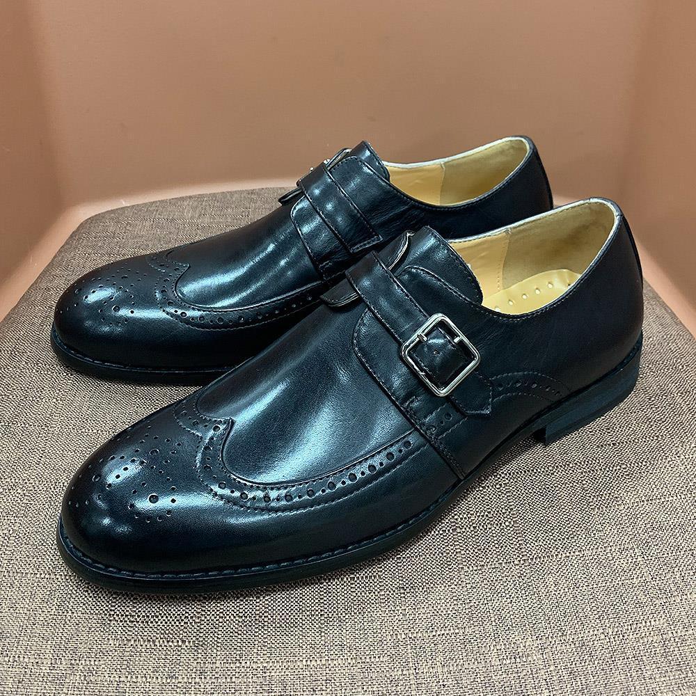 Men's Genuine Leather Brogue-Detailed Monk Shoes