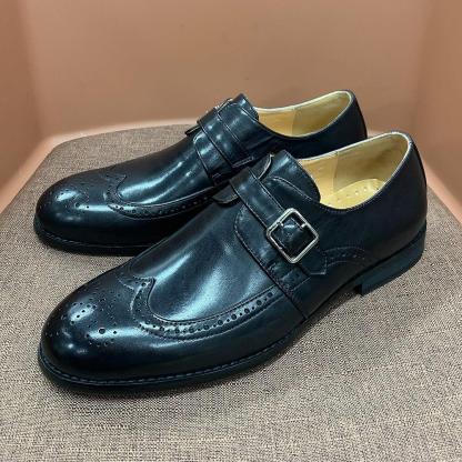 Men's Genuine Leather Brogue-Detailed Monk Shoes
