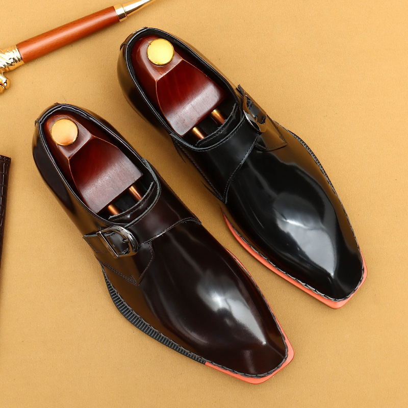 Men's Genuine Leather Glossy Buckle Monk Strap Shoes