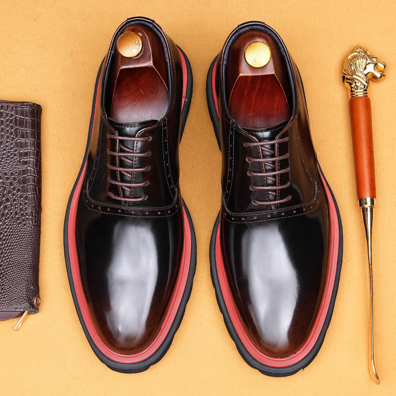 Men's Genuine Leather Glossy Thick-Sole Casual Brogue Derby Shoes