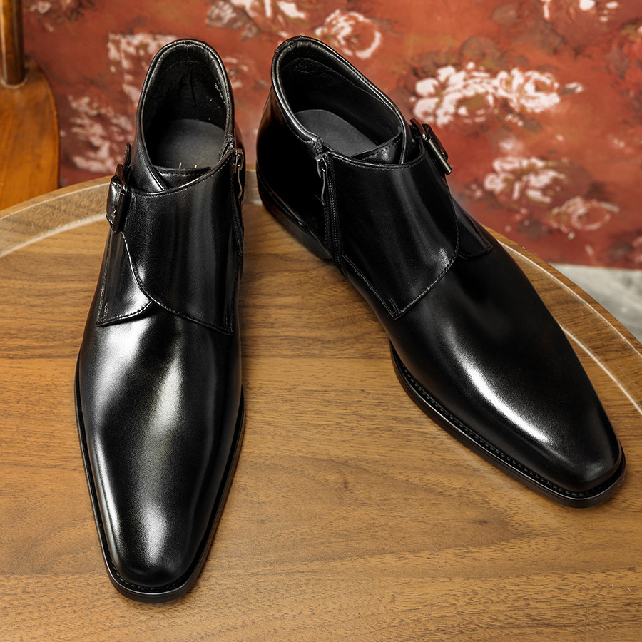 Men's Genuine Leather Square-Toe High-Top Monk Boots