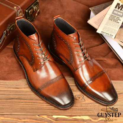 GUYSTEP™ Men's Genuine Leather Retro Pointed-Toe Brogue Martin Boots