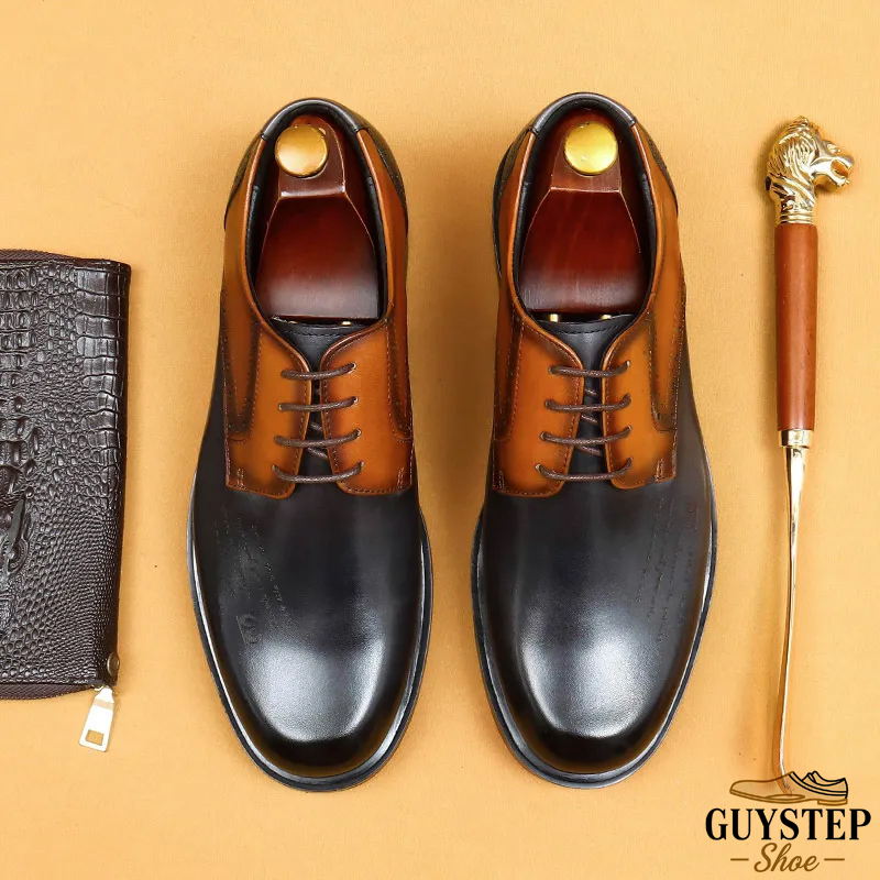 Men's Full-Grain Leather Thick-Soled Non-Slip Letter-Printed Leather Shoes