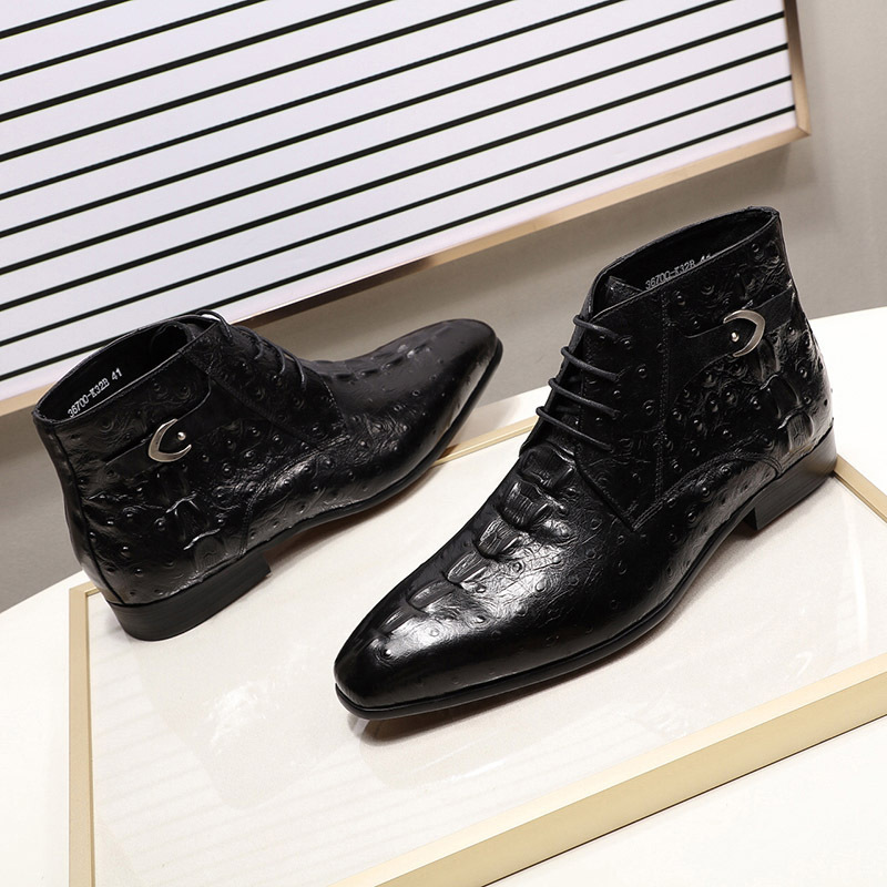 Men's Genuine Leather Ostrich Pattern Lace-Up Ankle Boots