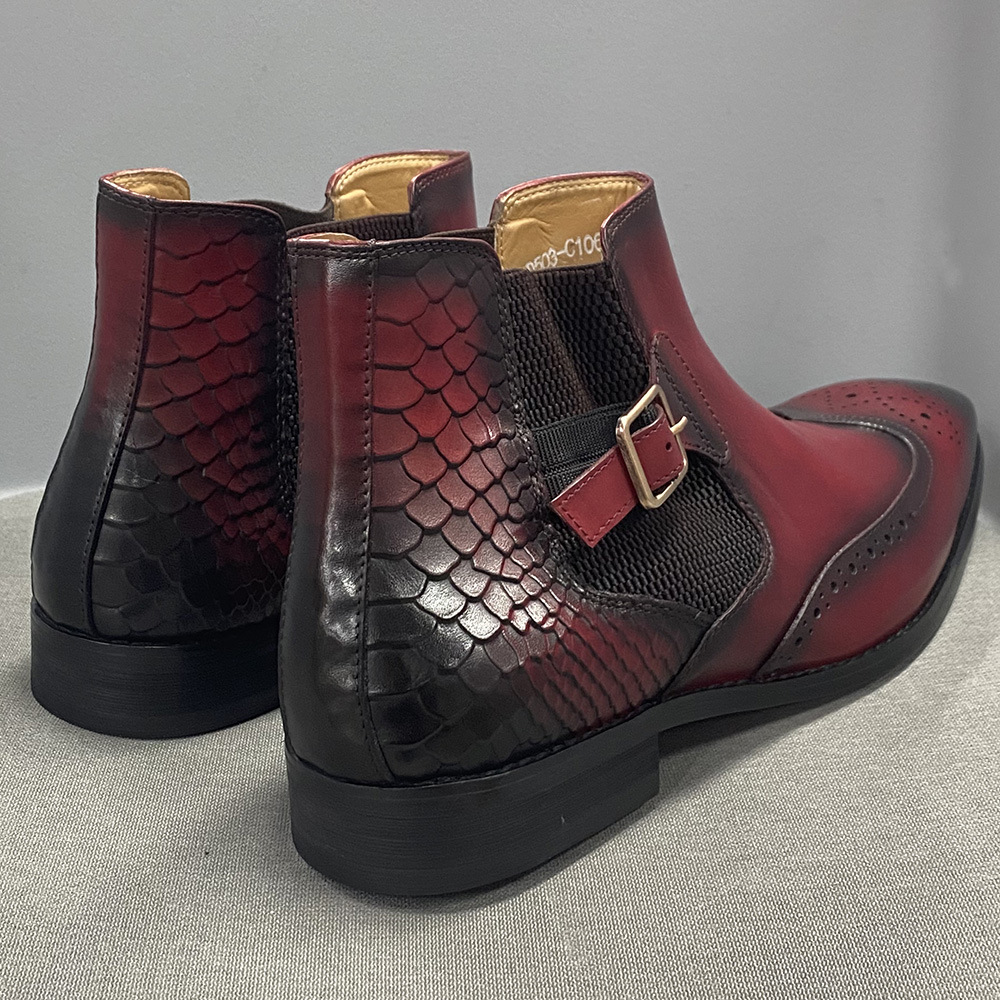 Men's Genuine Leather Snake Pattern Paneled Brogue Chelsea Boots