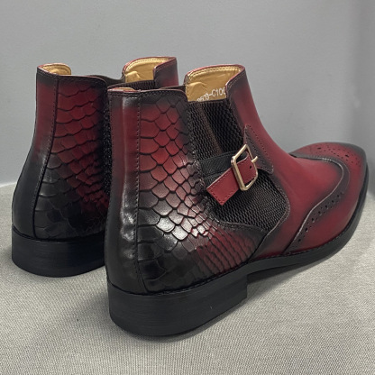 Men's Genuine Leather Snake Pattern Paneled Brogue Chelsea Boots