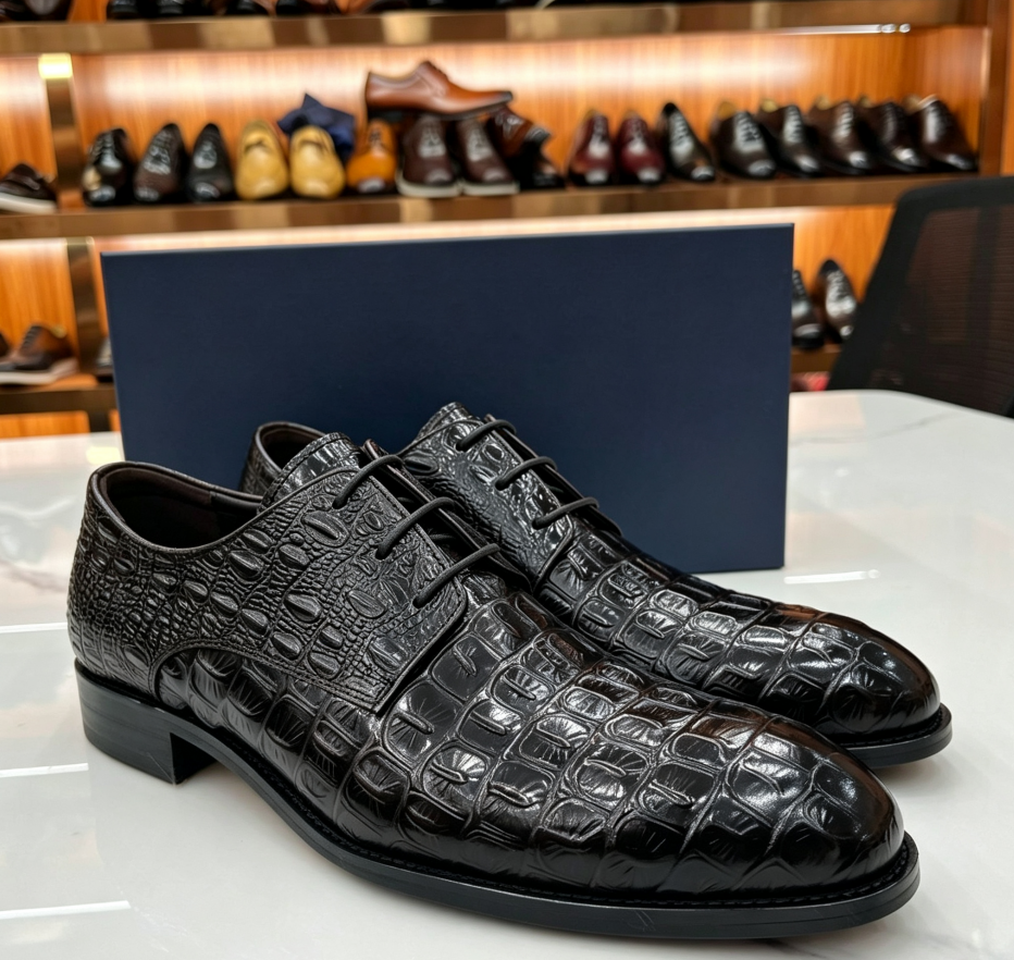Men’s Cocoa‑Brown Full Croc‑Embossed Derby Shoes | Lace‑Up Luxury Genuine Leather Formal Shoes
