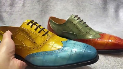 Men’s Blue & Yellow Color-Blocking Lace-Up Business-Casual Brogue-Carved Leather Shoes