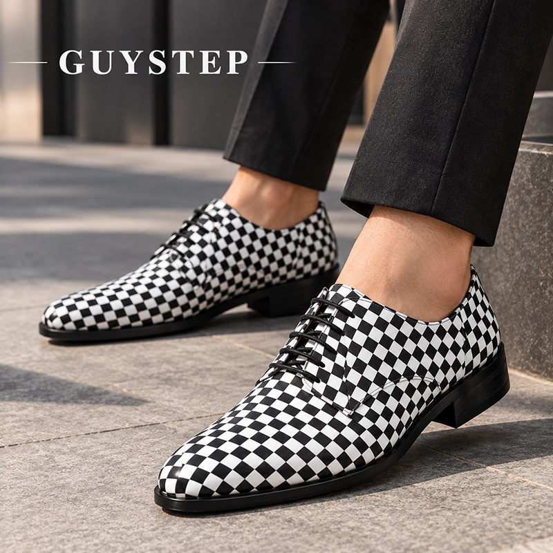 Men’s Business-Casual Black-and-White Checkered Genuine Leather Casual Shoes