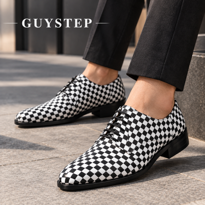 Men’s Business-Casual Black-and-White Checkered Genuine Leather Casual Shoes