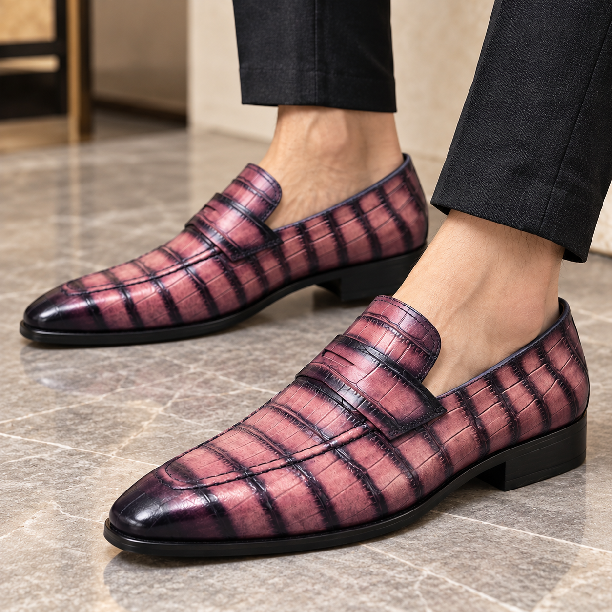 Men’s Luxury Crocodile Embossed Loafers – Elegant Pointed-Toe Dress Shoes