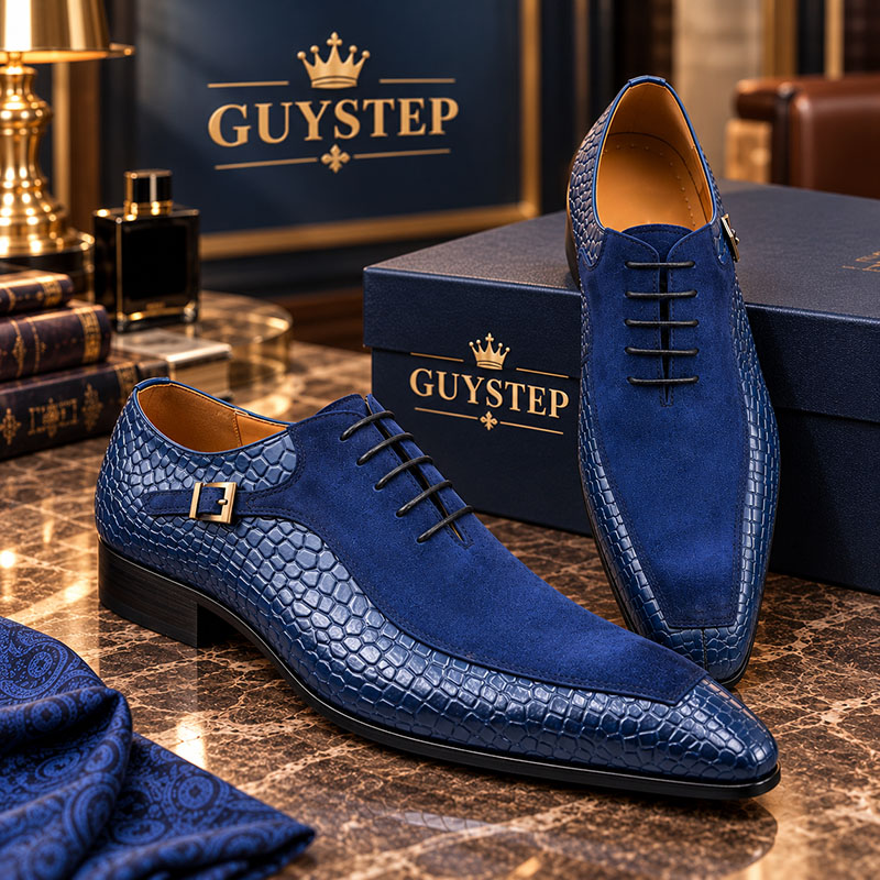 Men’s Blue Suede & Embossed Leather Lace-Up Dress Shoes