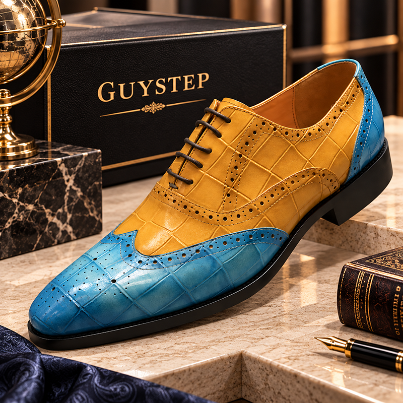 Men’s Blue&Yellow Color-Blocking Lace-Up Business-Casual Brogue-Carved Leather Shoes