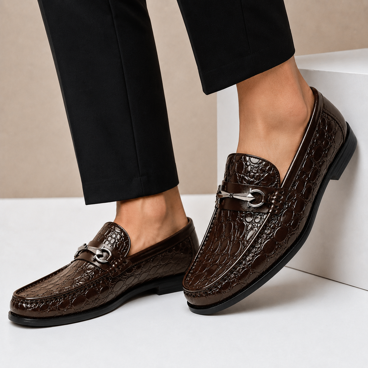 Men’s Genuine Leather Crocodile-Embossed Horsebit Loafers – Multiple Colors
