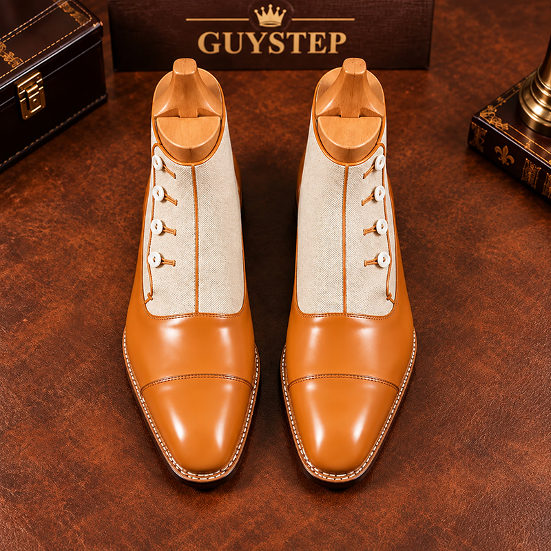 Gentleman-Shoe Vintage Two-Tone Leather & Canvas Button Ankle Boots