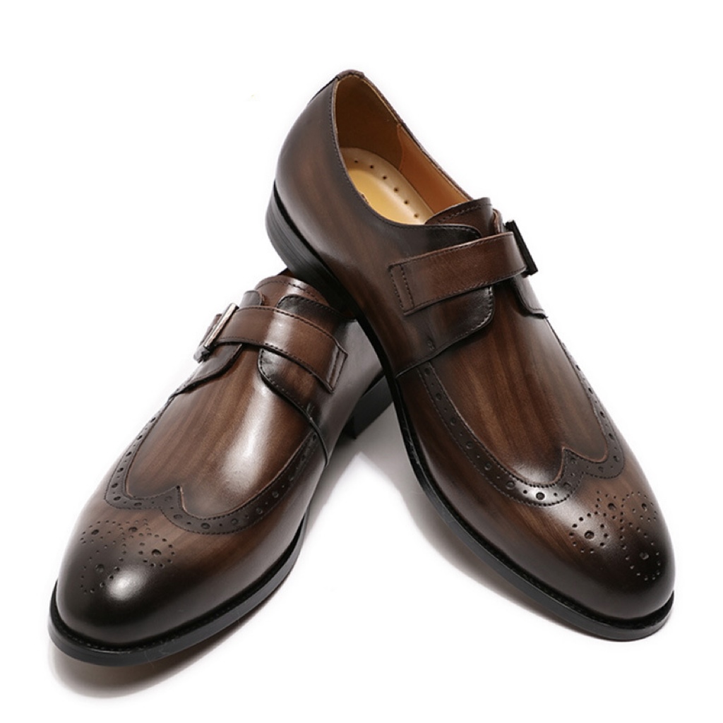 Men's Genuine Leather Brogue-Detailed Monk Shoes