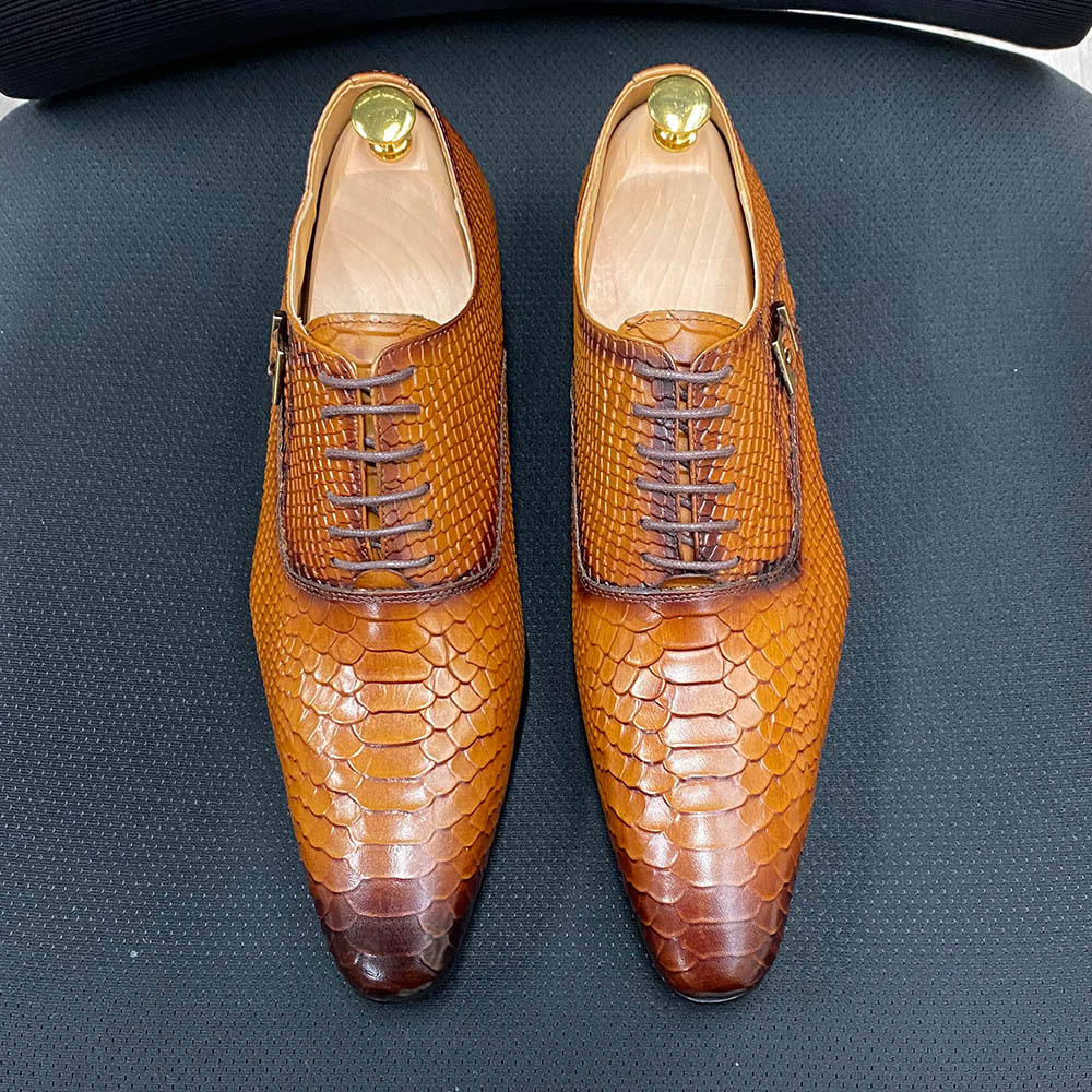 Men's Full-Grain Leather Snake-Embossed Pointed-Toe Formal Shoes