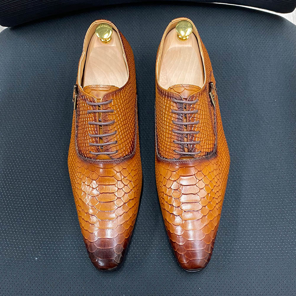Men's Full-Grain Leather Snake-Embossed Pointed-Toe Formal Shoes
