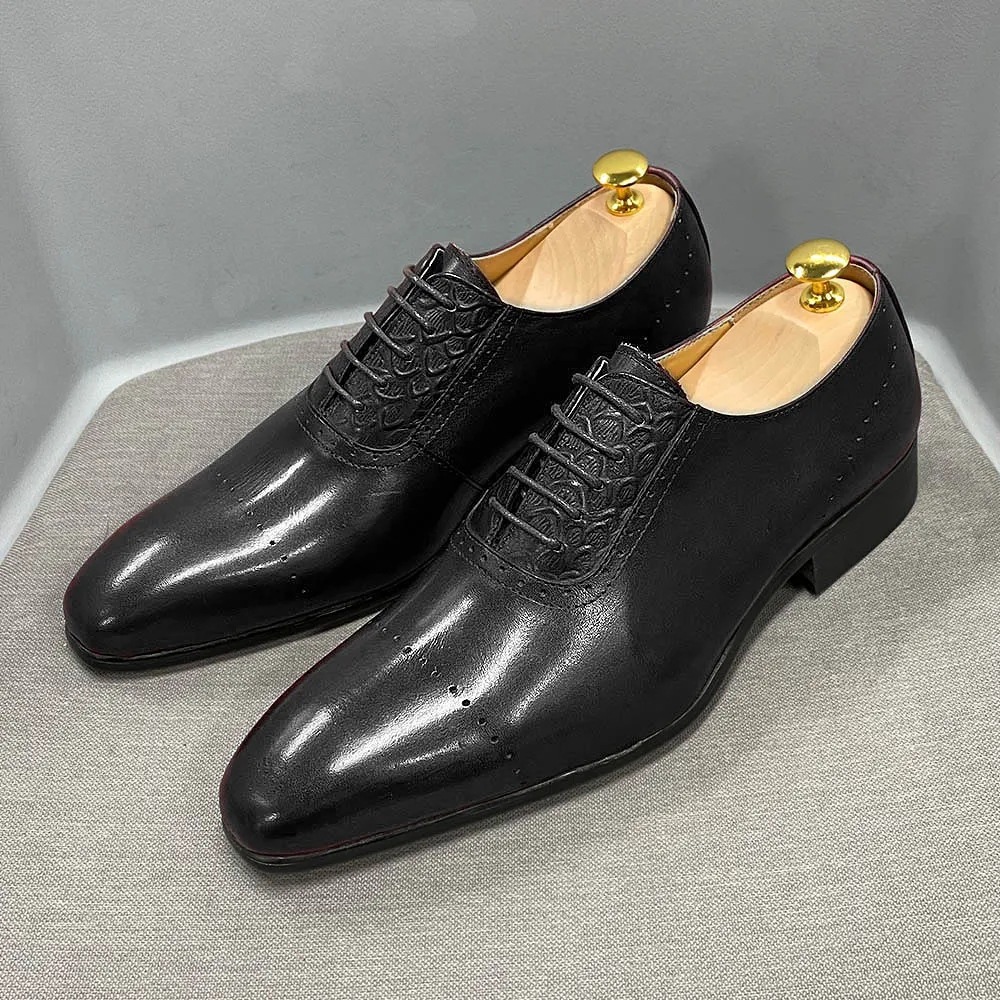 Men's Genuine Leather Color-Blocked Brogued Oxford Shoes
