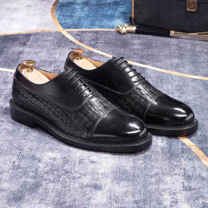 Men's Genuine Leather Woven Texture Patent Leather Cap-Toe Business Formal Oxford Shoes