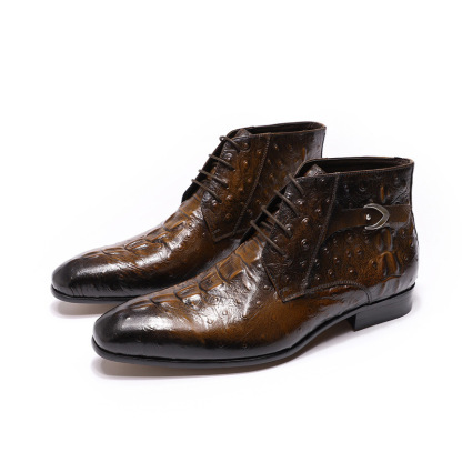 Men's Genuine Leather Ostrich Pattern Lace-Up Ankle Boots