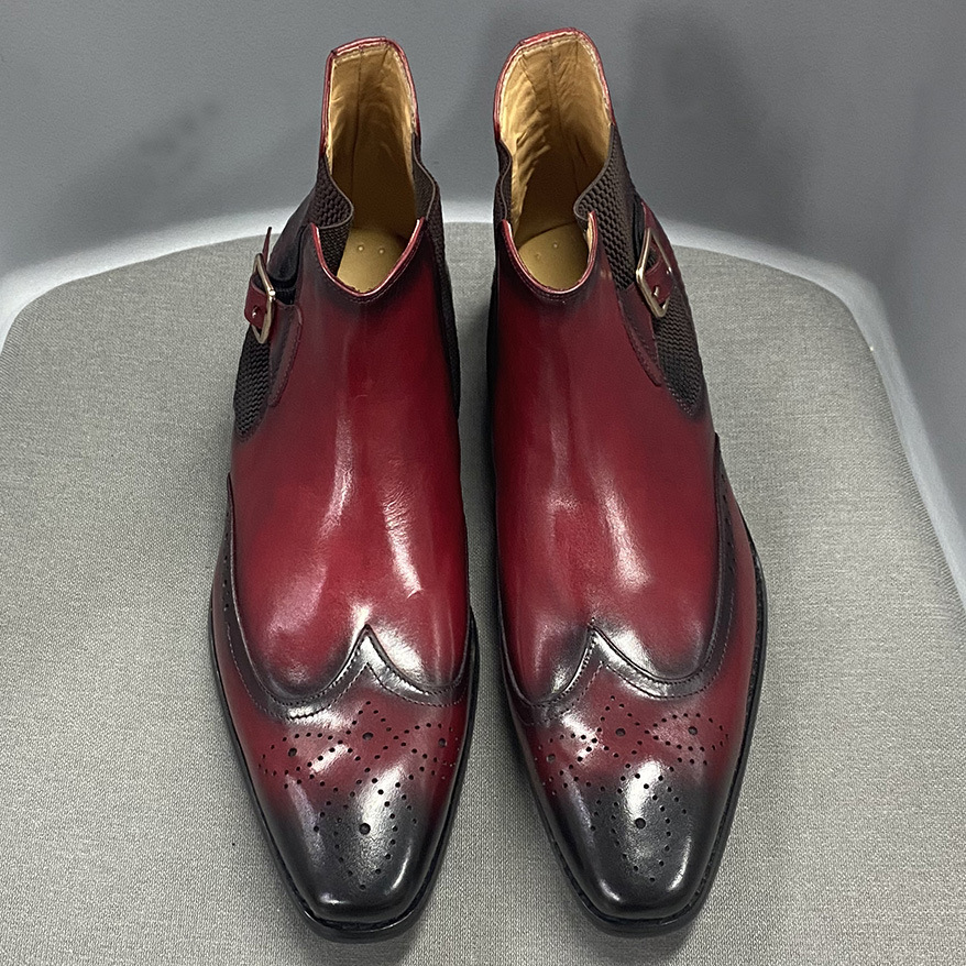 Men's Genuine Leather Snake Pattern Paneled Brogue Chelsea Boots