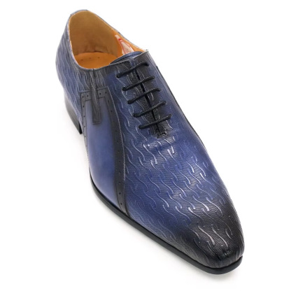 Men's Genuine Leather Blue-Black Pointed-Toe Printed Oxford Shoes