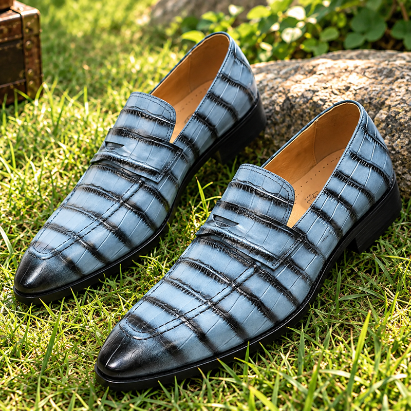 Men’s Crocodile Embossed Pointed-Toe Loafers