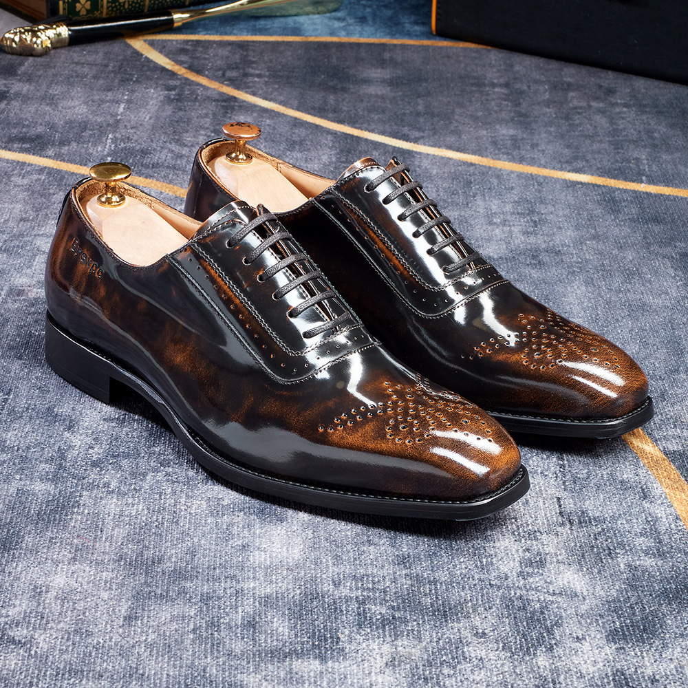 [Copy]Men's glossy embossed genuine leather lace-up Oxford shoes
