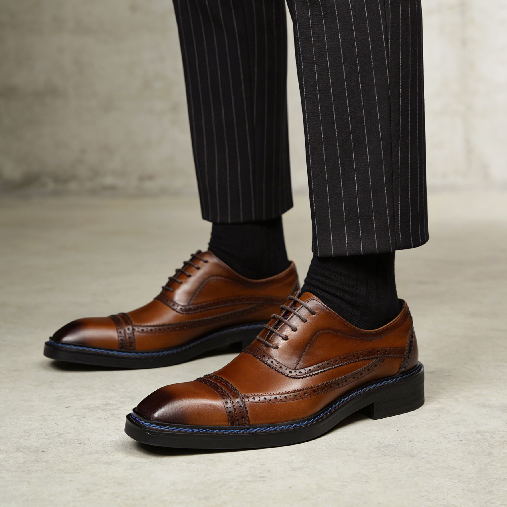 2026 British Style Cap-Toe Brogue Leather Dress Shoes with Blue Stitching