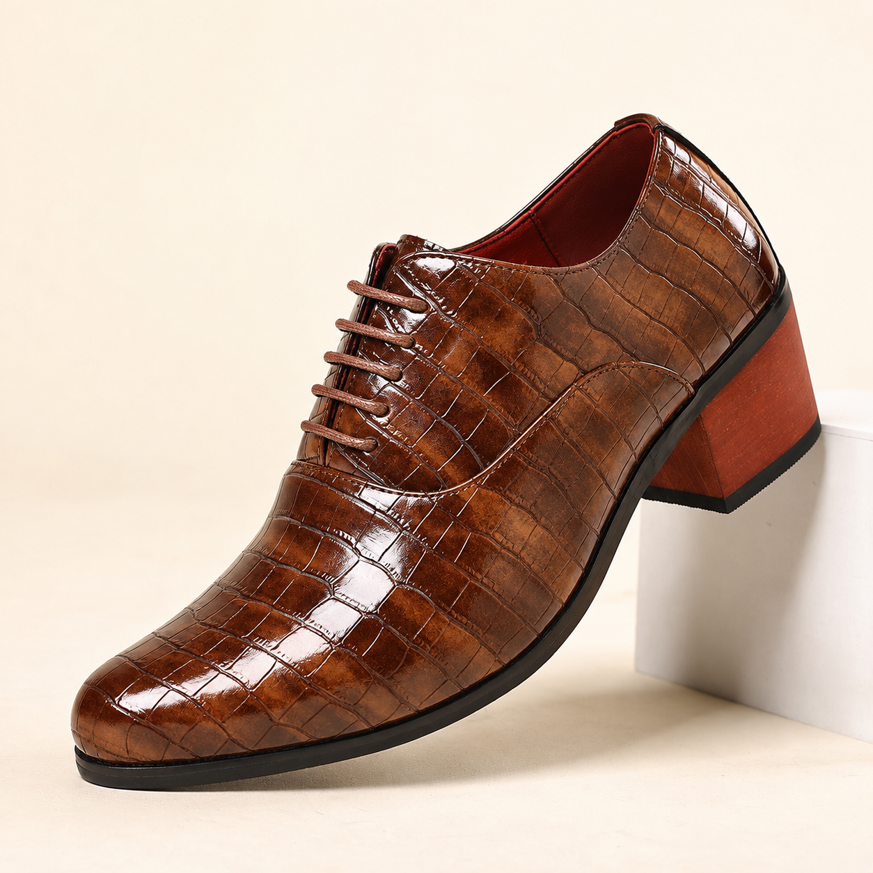 Men’s Crocodile-Embossed Lace-Up Dress Shoes with 5CM Elevated Heel – Black, Brown & Red
