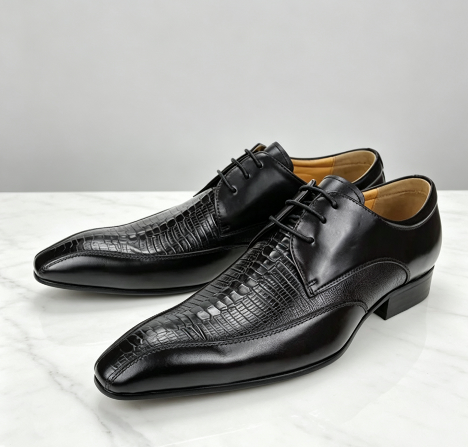 Men’s Burgundy Mixed‑Leather Derby Shoes | Croc‑Embossed Panel Lace‑Up Luxury Formal Dress Shoes