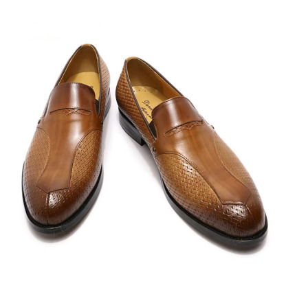 Men's Genuine Leather Loafers with Breathable Braided Texture