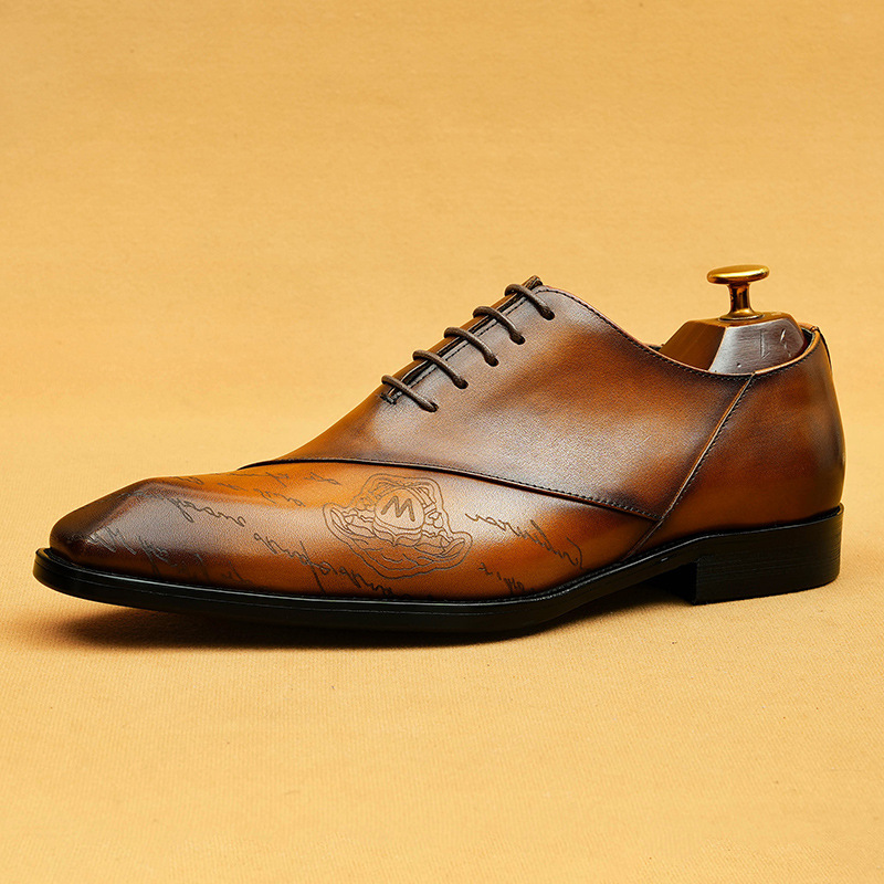 Men's Full-Grain Leather Letter Print Oxford Shoes
