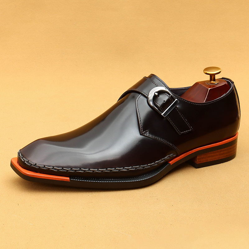 Men's Genuine Leather Glossy Buckle Monk Strap Shoes