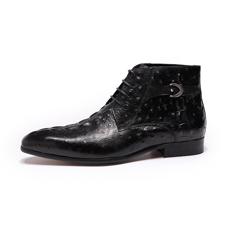 Men's Genuine Leather Ostrich Pattern Lace-Up Ankle Boots