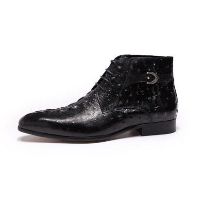 Men's Genuine Leather Ostrich Pattern Lace-Up Ankle Boots