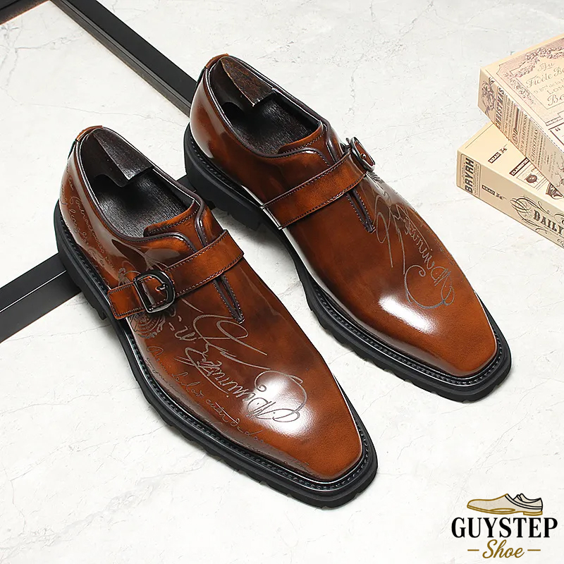 GUYSTEP™ Men's Genuine Leather Letter-Printed Buckle Monk Shoes