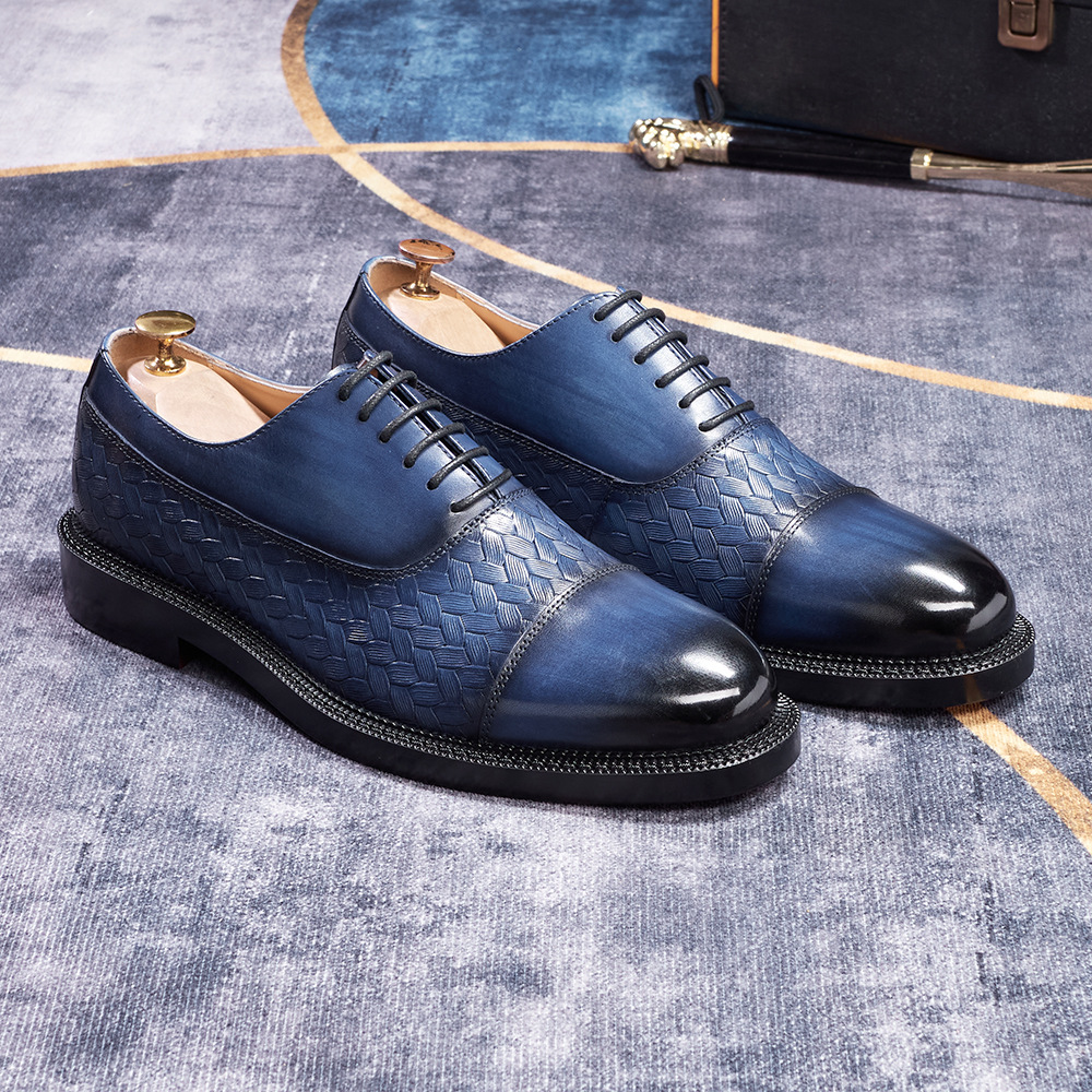 Men's Genuine Leather Woven Texture Patent Leather Cap-Toe Business Formal Oxford Shoes