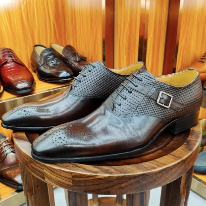 Men's Summer Genuine Leather Lace-Up Metal Buckle Brogue Oxford Shoes