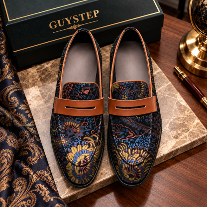 GUYSTEP™Men's Floral Embroidered Leather Penny Loafers