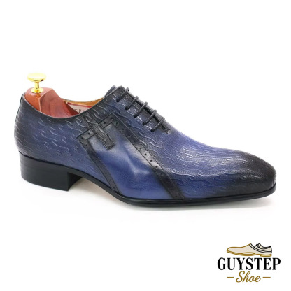 GUYSTEP™Men's Genuine Leather Blue-Black Pointed-Toe Printed Oxford Shoes