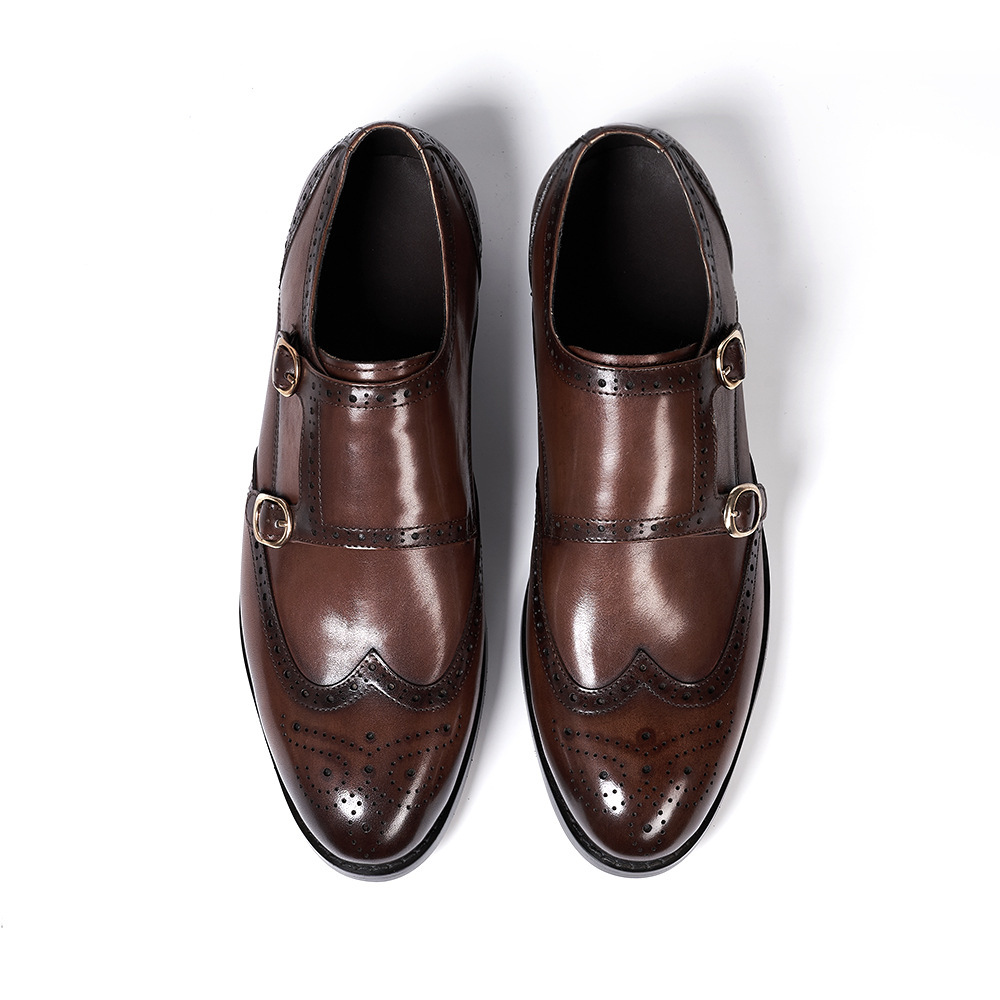 Men's Genuine Leather Brogue Lace-Up Monk Strap Shoes