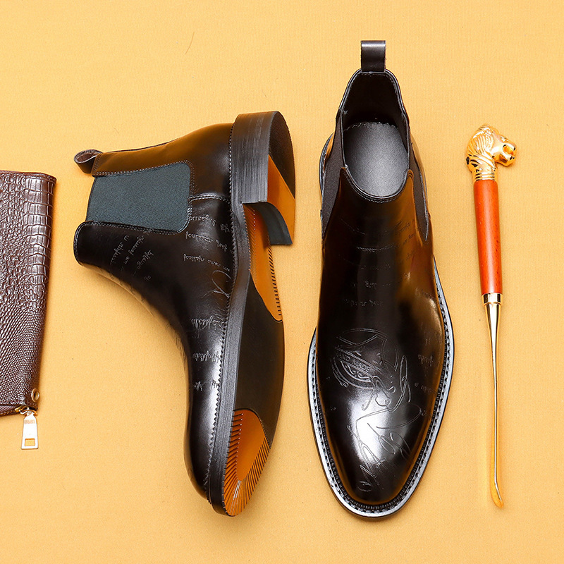 Men's Genuine Leather Brogue-detailed Fleece-lined Chelsea Boots