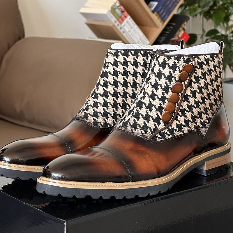 Men's Houndstooth Button Chelsea Boots, Vintage British Style Genuine Leather Patchwork Boots