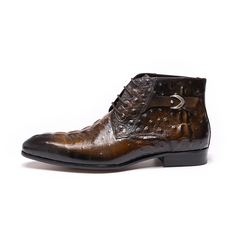 Men's Genuine Leather Ostrich Pattern Lace-Up Ankle Boots