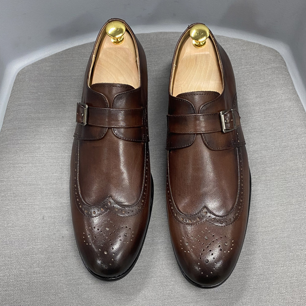 Men's Genuine Leather Brogue-Detailed Monk Shoes