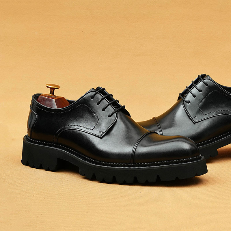 Men's Genuine Leather Distressed Burnished Platform Business-Casual Derby Shoes