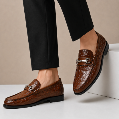 Men’s Genuine Leather Crocodile-Embossed Horsebit Loafers – Multiple Colors